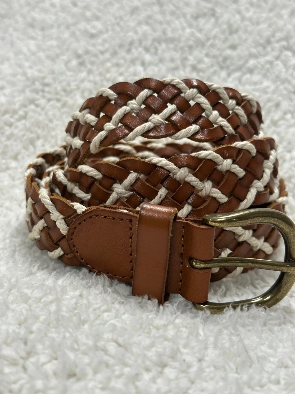 American Eagle Outfitters Braided Leather Belt, Brass Buckle - Brown & Cord